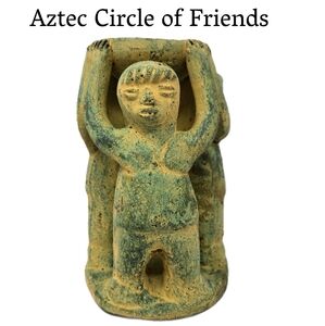 Aztec Circle of Friends Holding A Bowl Clay Pottery Painted Green-Yellow Incense